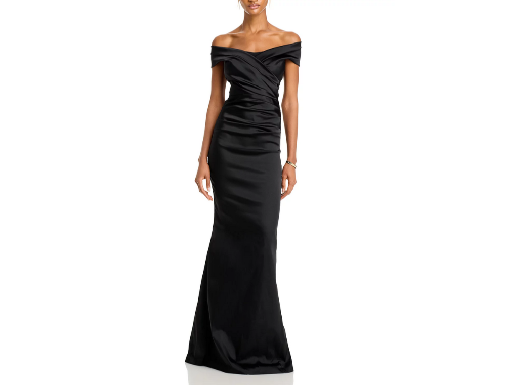 Teri Jon by Rickie Freeman Satin Stretch Off The Shoulder Gown MSRP $760