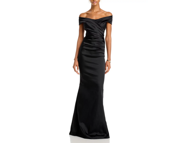 Teri Jon by Rickie Freeman Satin Stretch Off The Shoulder Gown MSRP $760