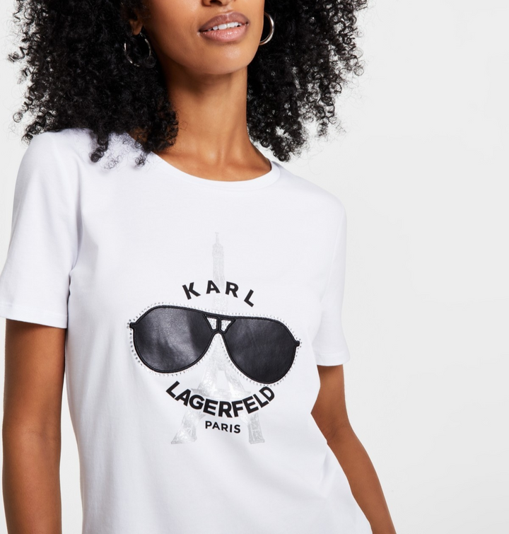 KARL LAGERFELD PARIS Women's Sunglasses Graphic T-Shirt MSRP $59