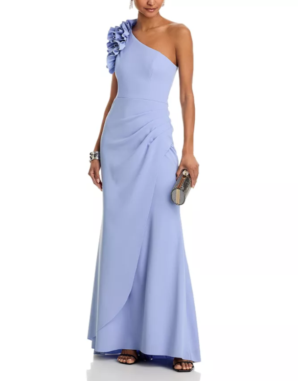 AQUA One Shoulder Ruffle Crepe Gown MSRP $298