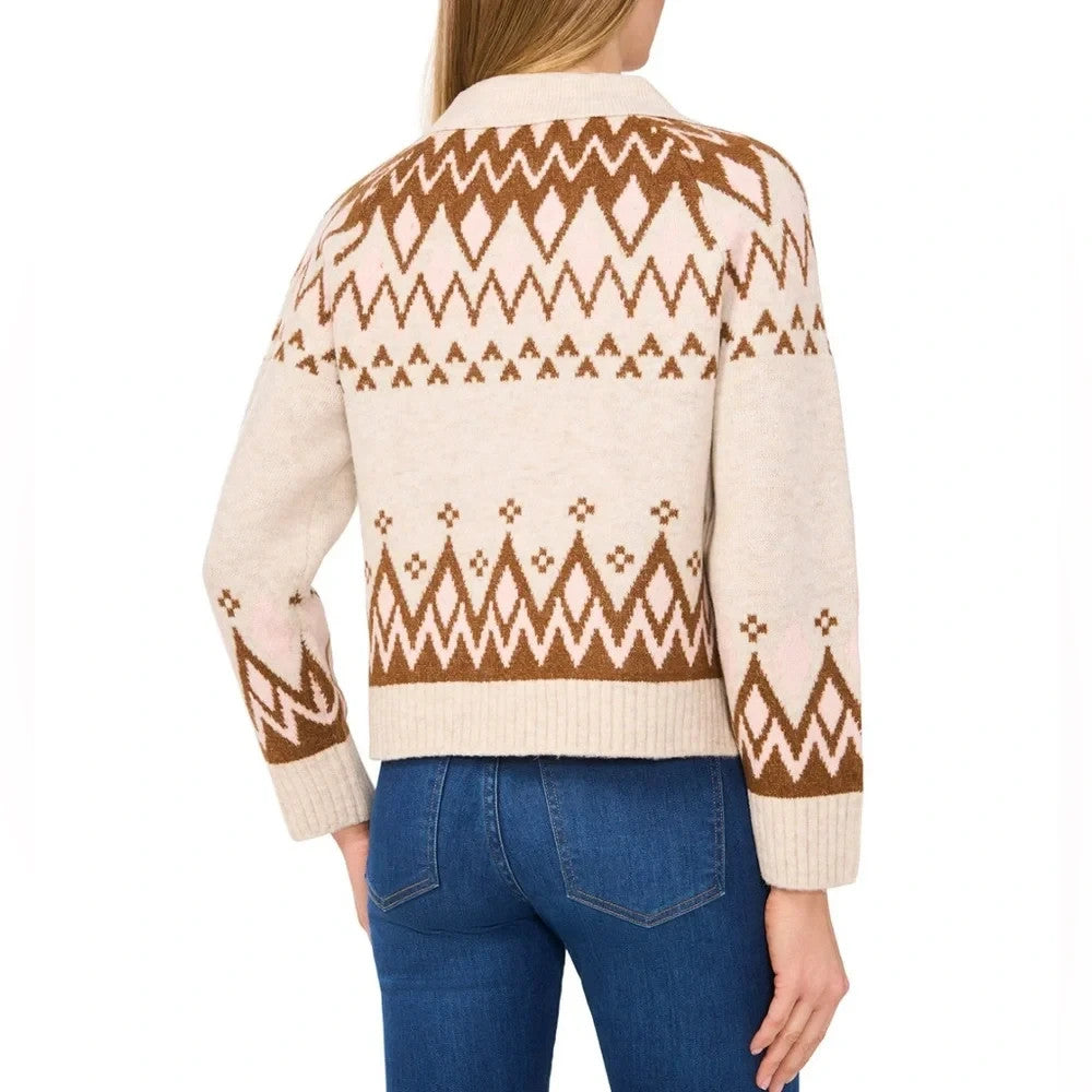 CeCe Women's Collared Fair Isle Sweater MSRP $89