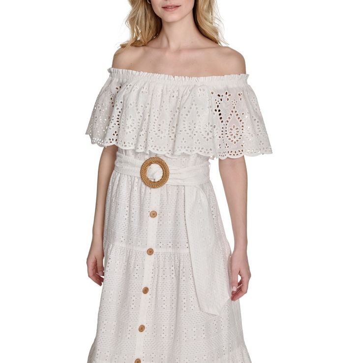 Eliza J Women's Cotton Off-The-Shoulder Belted Midi Dress MSRP $188