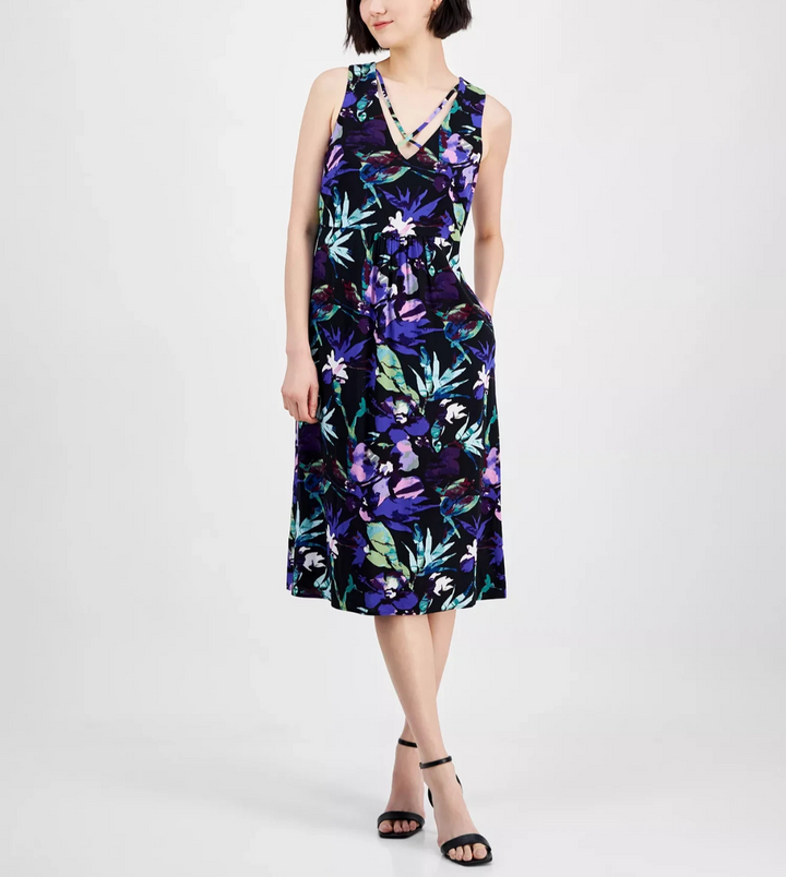Connected Strappy V-Neck Floral Midi Dress MSRP $69