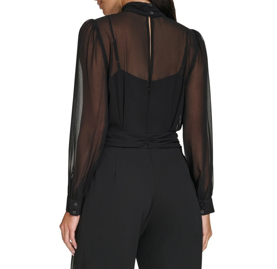 Calvin Klein Mock-Neck Chiffon-Top Straight-Leg Jumpsuit MSRP $159