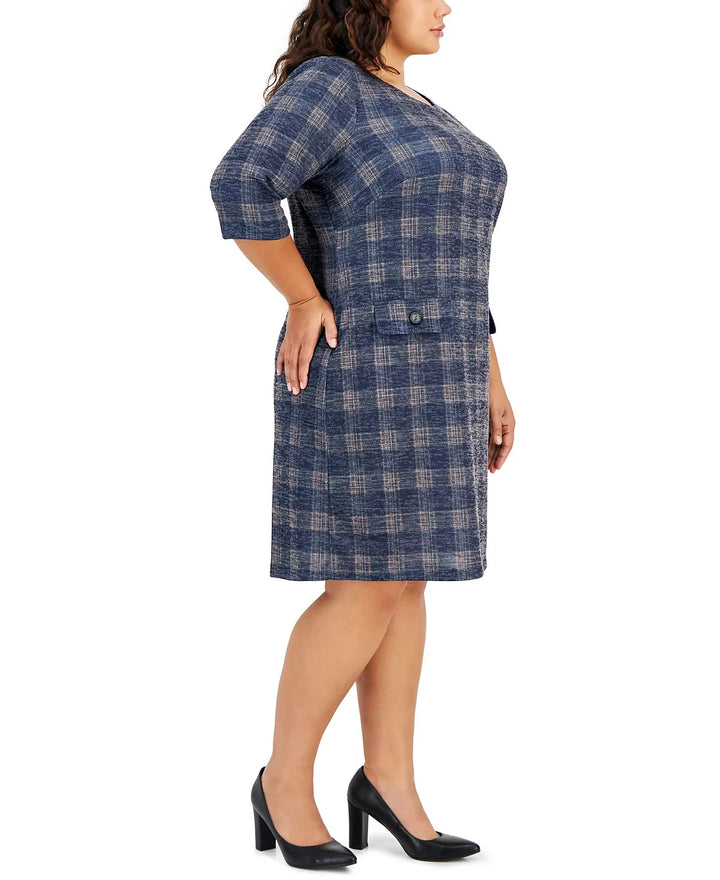 Connected Plus Size Round-Neck Plaid-Print Sheath Dress MSRP $79