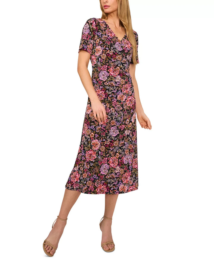 MSK Women's Floral-Print Short-Sleeve Midi Dress MSRP $79