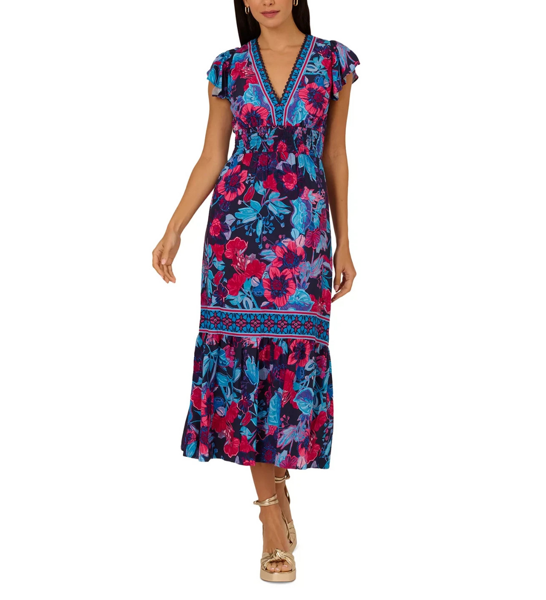 Adrianna by Adrianna Papell Smocked-Waist Flutter-Sleeve Dress MSRP $149
