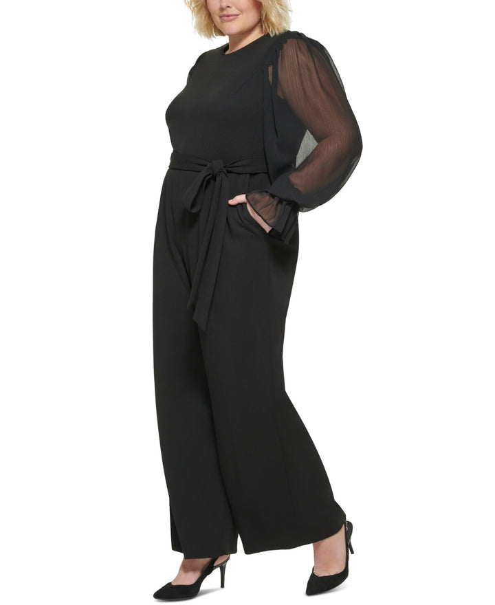 Calvin Klein Plus Size Sheer-Sleeve Wide-Leg Jumpsuit MSRP $149