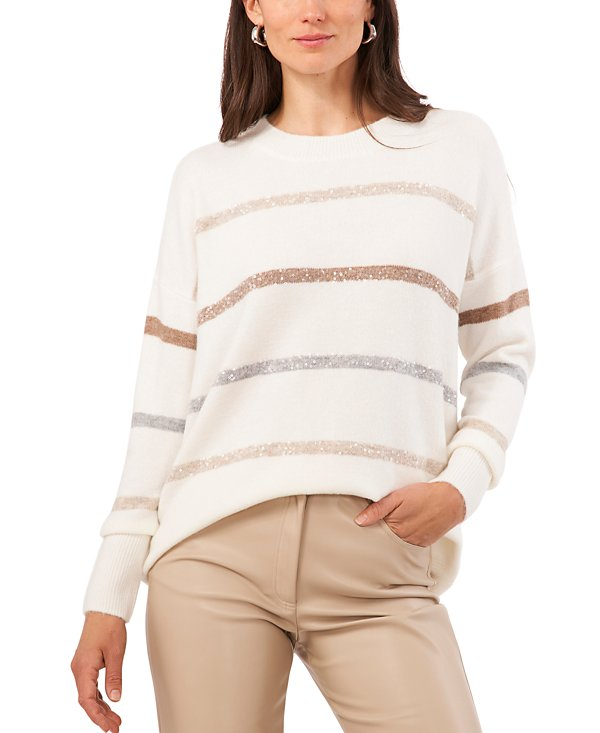 Vince Camuto Women's Crewneck Sequin-Stripe Sweater MSRP $69