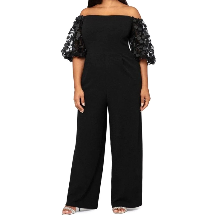 XSCAPE Plus Size Off-The-Shoulder Ruched Side Floral Jumpsuit MSRP $219