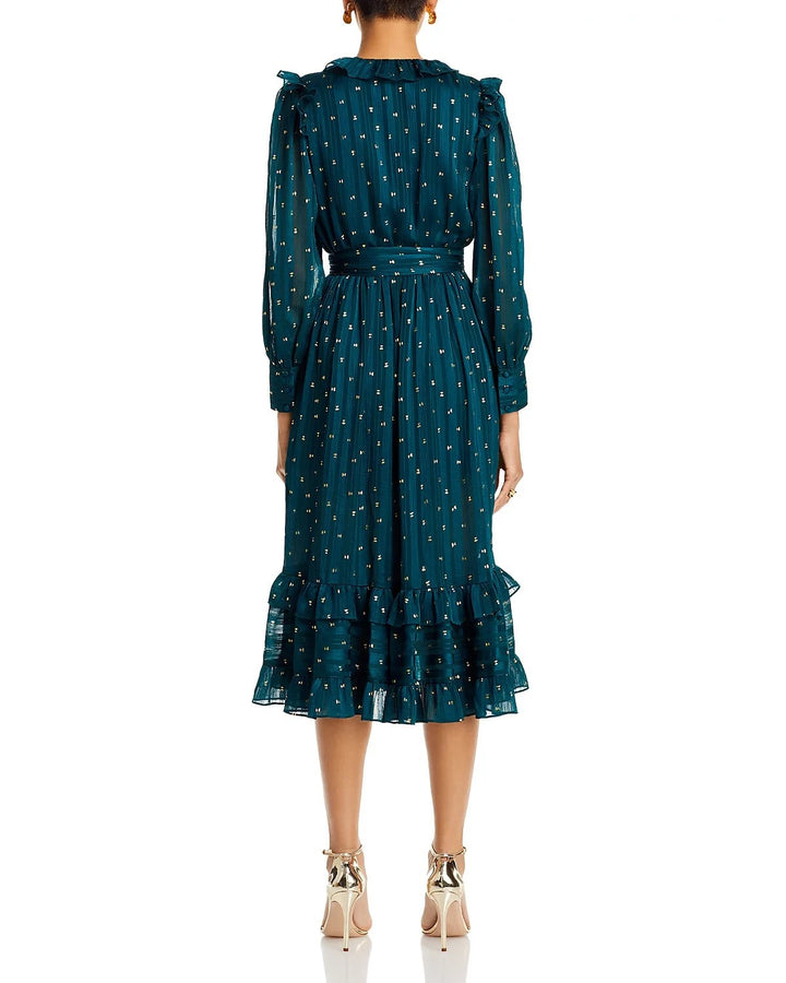 AQUA Ruffle Trim Clip Dot Midi Wrap Dress MSRP $128