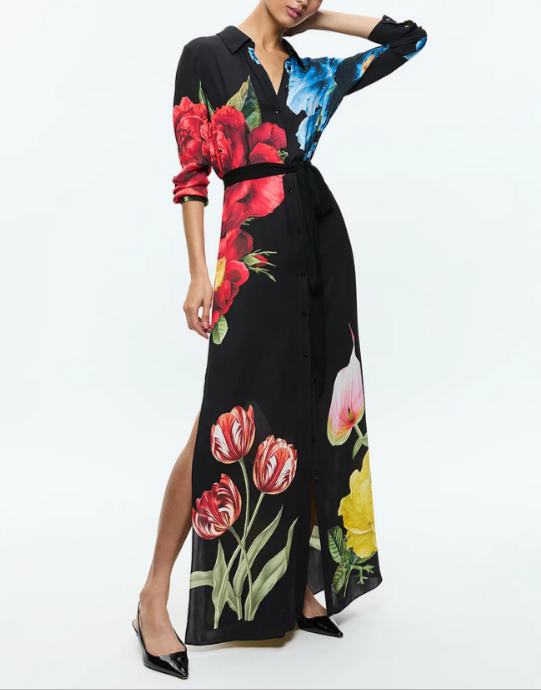 Alice and Olivia Chassidy Floral Maxi Shirt Dress MSRP $595