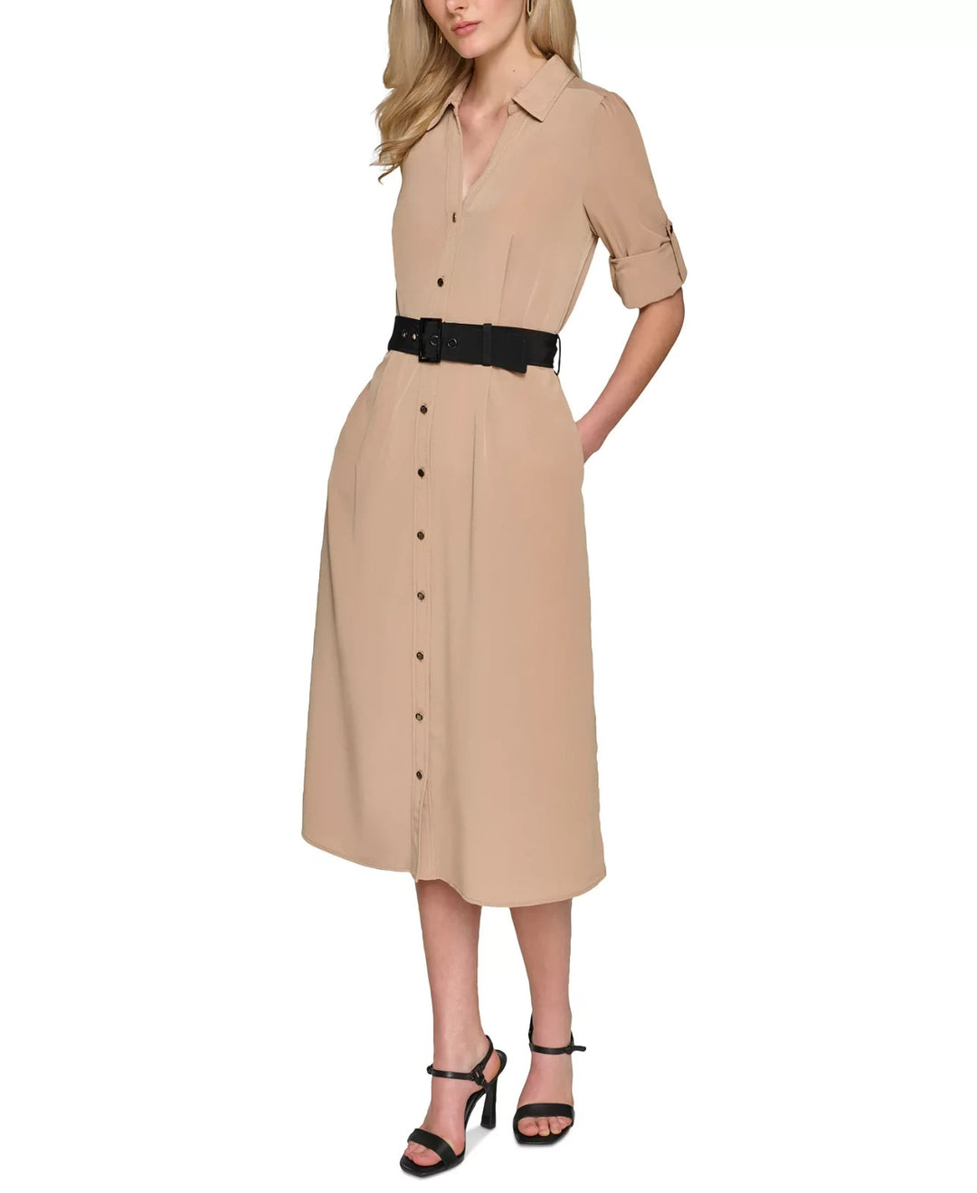 KARL LAGERFELD PARIS Women's Belted Midi Shirtdress MSRP $158