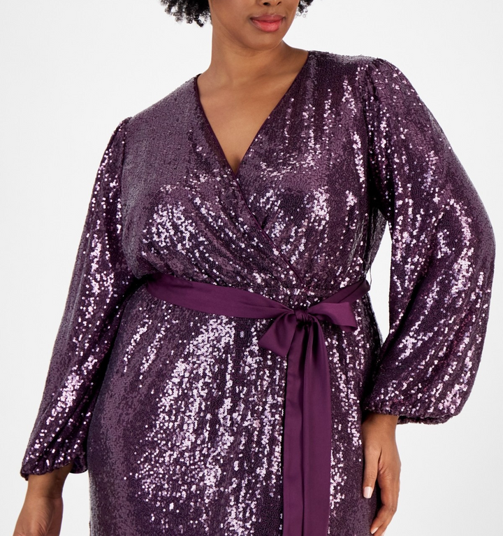 Signature by Robbie Bee Plus Size Satin-Belt Sequinned Maxi Dress MSRP $99