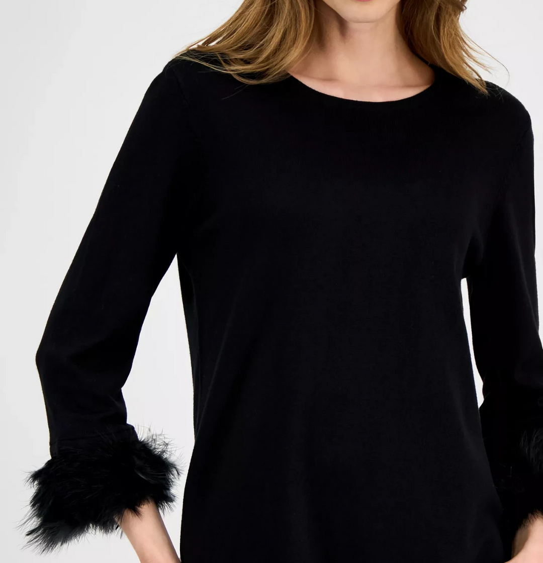 Anne Klein Women's Crewneck Feather-Trim-Cuff Sweater MSRP $119