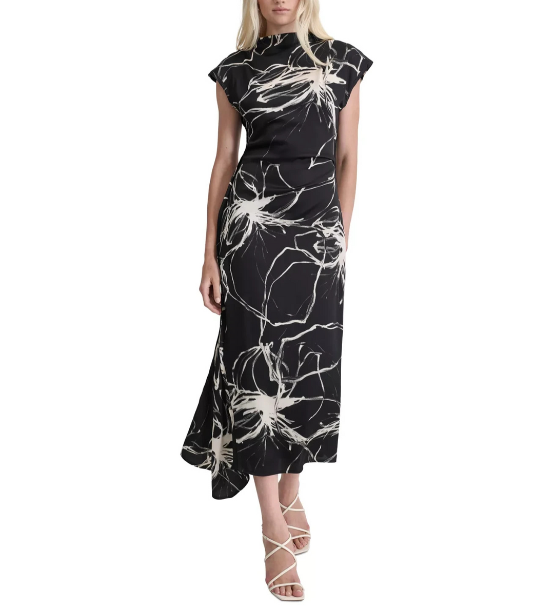 DKNY Women's Printed Mock-Neck Cap-Sleeve Dress MSRP $134