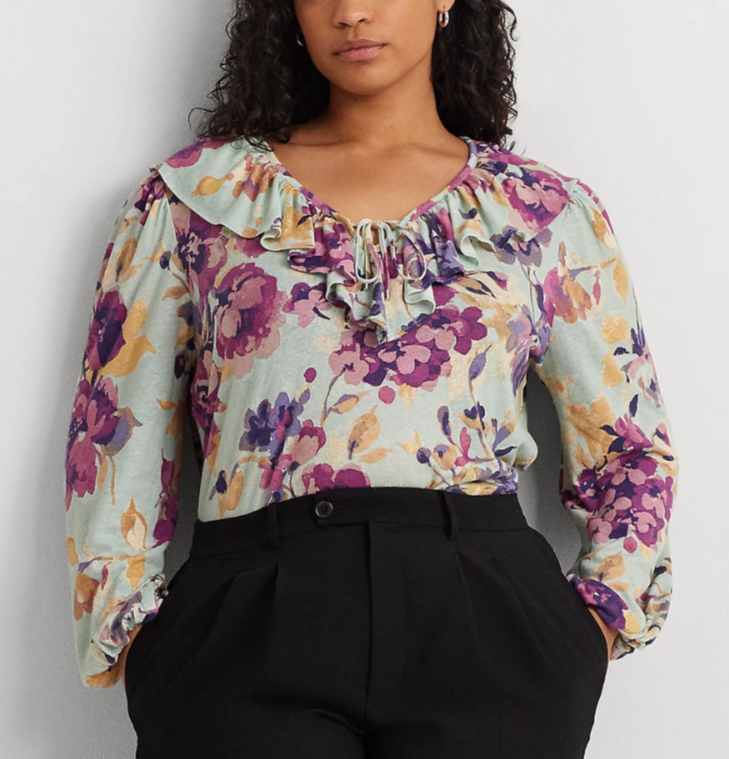 LAUREN Ralph Lauren Plus Size Linen-Blend Ruffled Floral Top MSRP $125