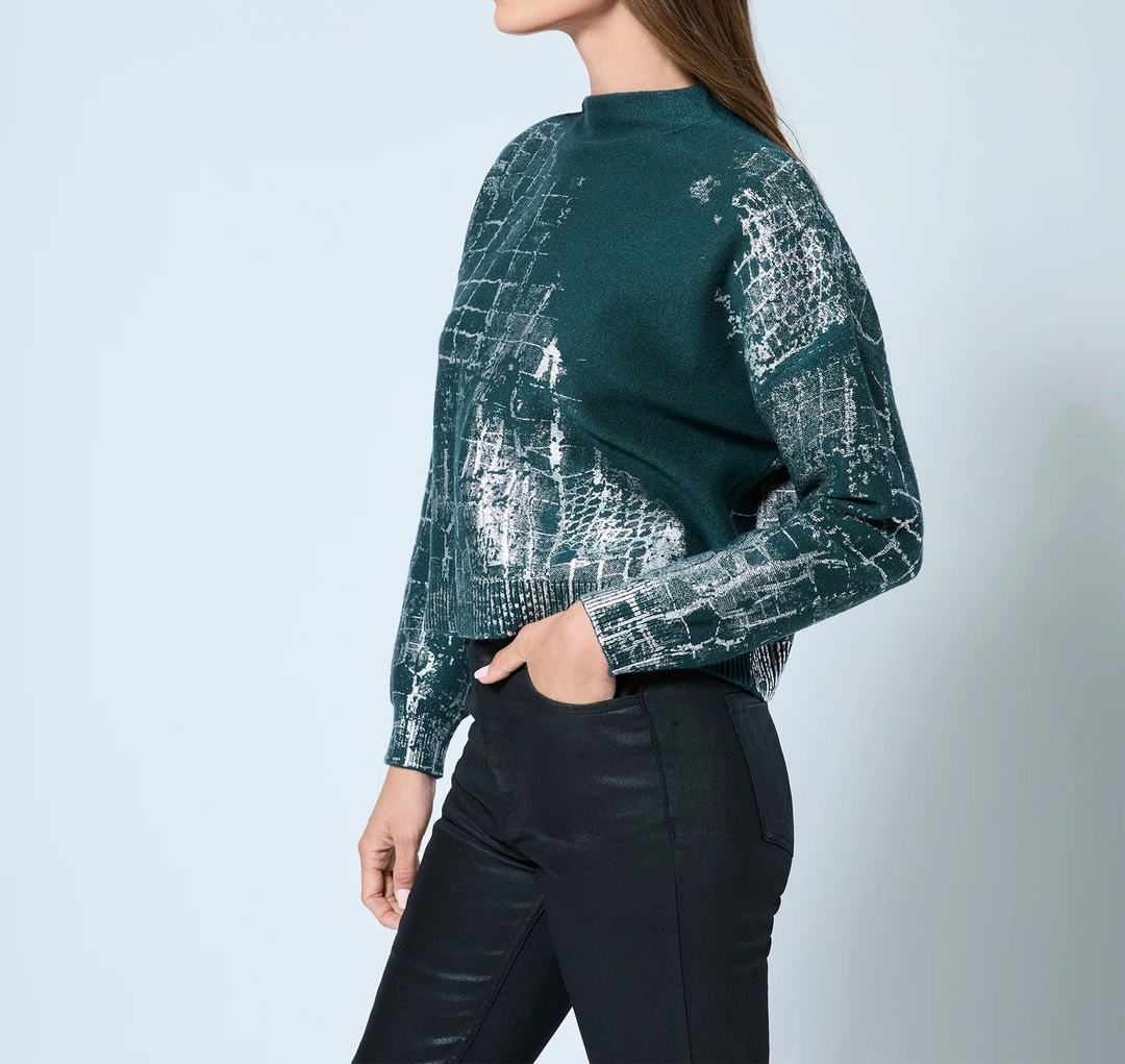 Adrienne Landau Crocodile Foil Print Funnel Neck Sweater MSRP $295
