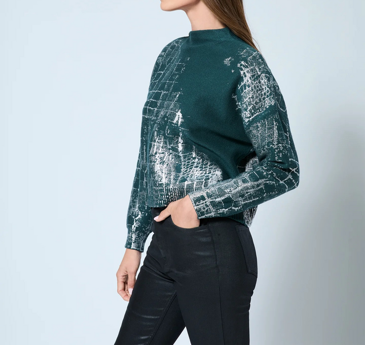 Adrienne Landau Crocodile Foil Print Funnel Neck Sweater MSRP $295