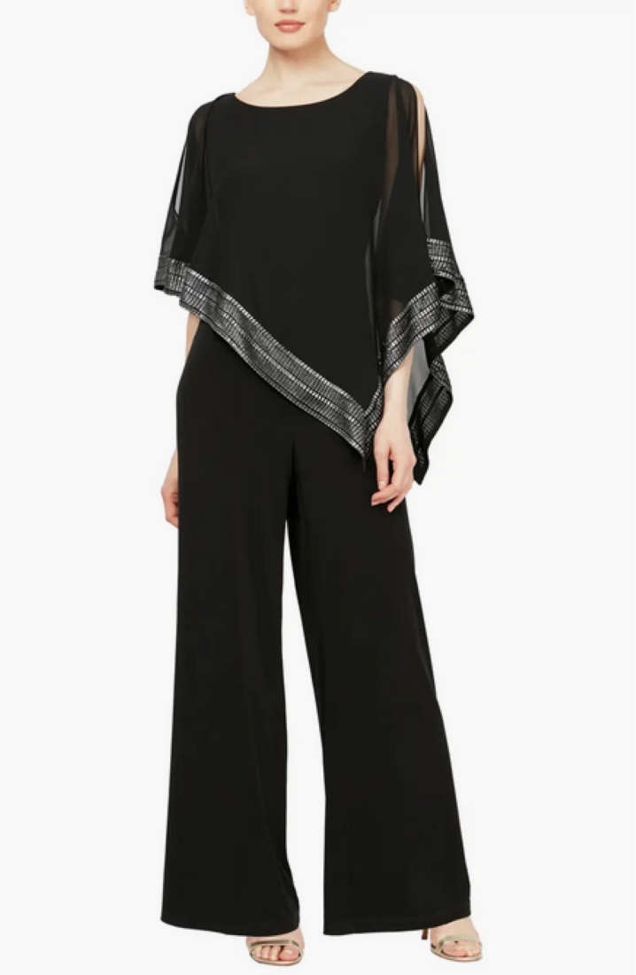 SL FASHIONS Foil Trim Asymmetric Popover Capelet Jumpsuit MSRP $129
