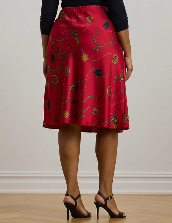 Lauren Ralph Lauren Belting-Print Satin Charmeuse Midi Skirt MSRP $175