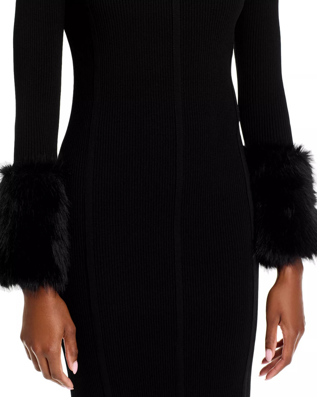 Adrienne Landau Flare Sleeved Faux Fur Cuff Rib Dress MSRP $275
