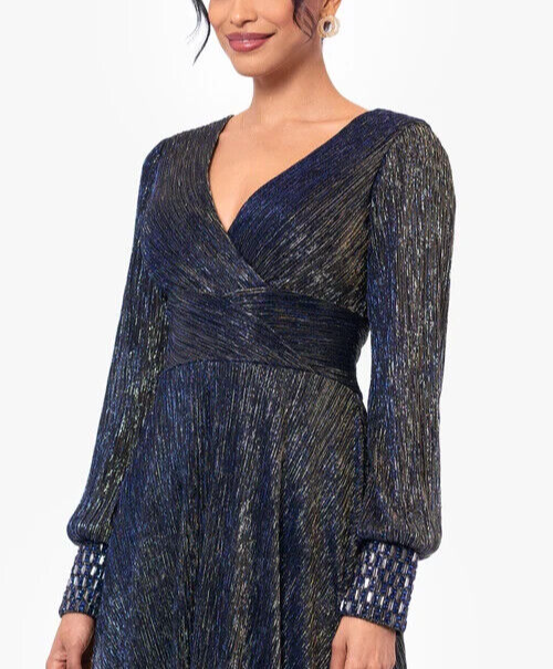 Betsy Adam "Clarise" Long Sleeve Galaxy Pleated Foil Gown MSRP $310 Size 14
