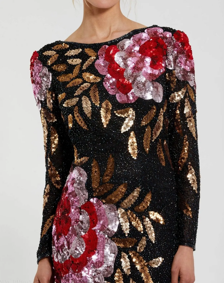Mac Duggal Black Embellished Floral Long Sleeve Gown MSRP $598