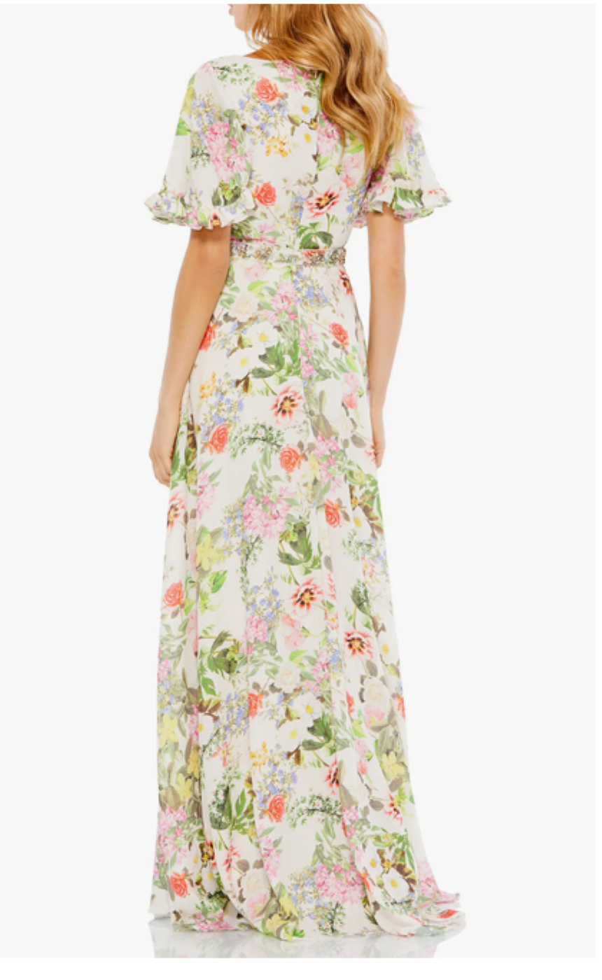 MAC DUGGAL Floral Print Faux Wrap Flutter Sleeve A-Line Gown MSRP $498