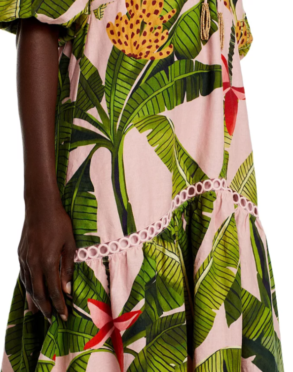 FARM Rio Banana Leaves Pink Tiered Dress MSRP $285