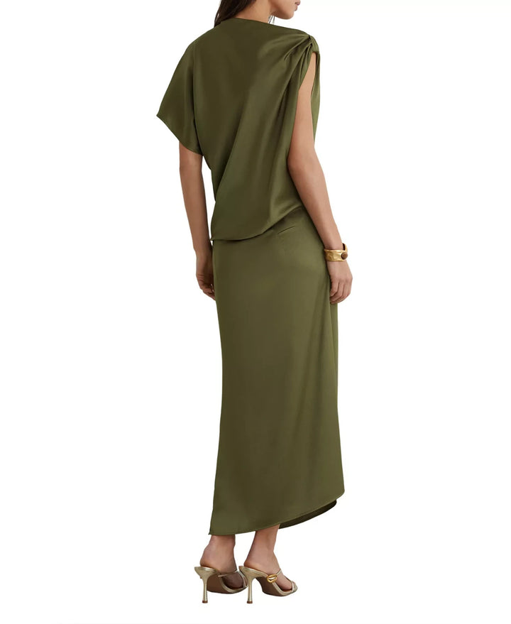 REISS  Satin Asymmetric Draped Midi Dress MSRP $285