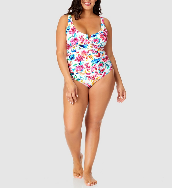 Anne Cole Plus Size Watercolor Paisley V-Wire One-Piece Swimsuit MSRP $118