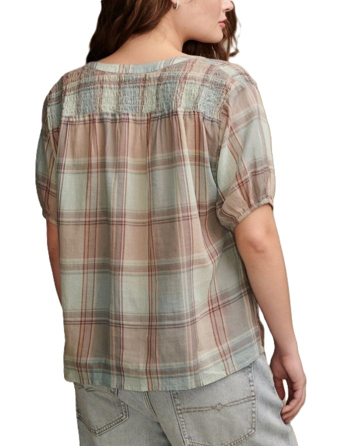Lucky Brand Cotton Plaid Smocked-Shoulder Blouse MSRP $79