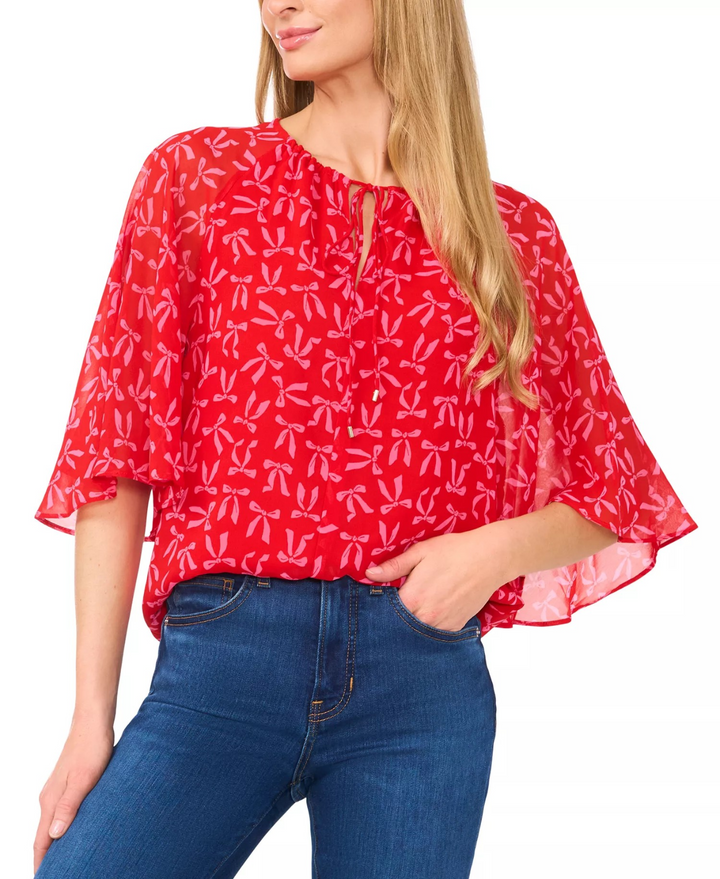 CeCe Women's Bow-Print Tie-Neck Raglan-Sleeve Top MSRP $79