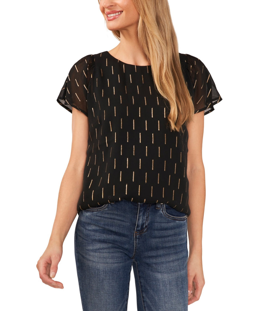 CeCe Crewneck Gold Flutter-Sleeve Blouse MSRP $69
