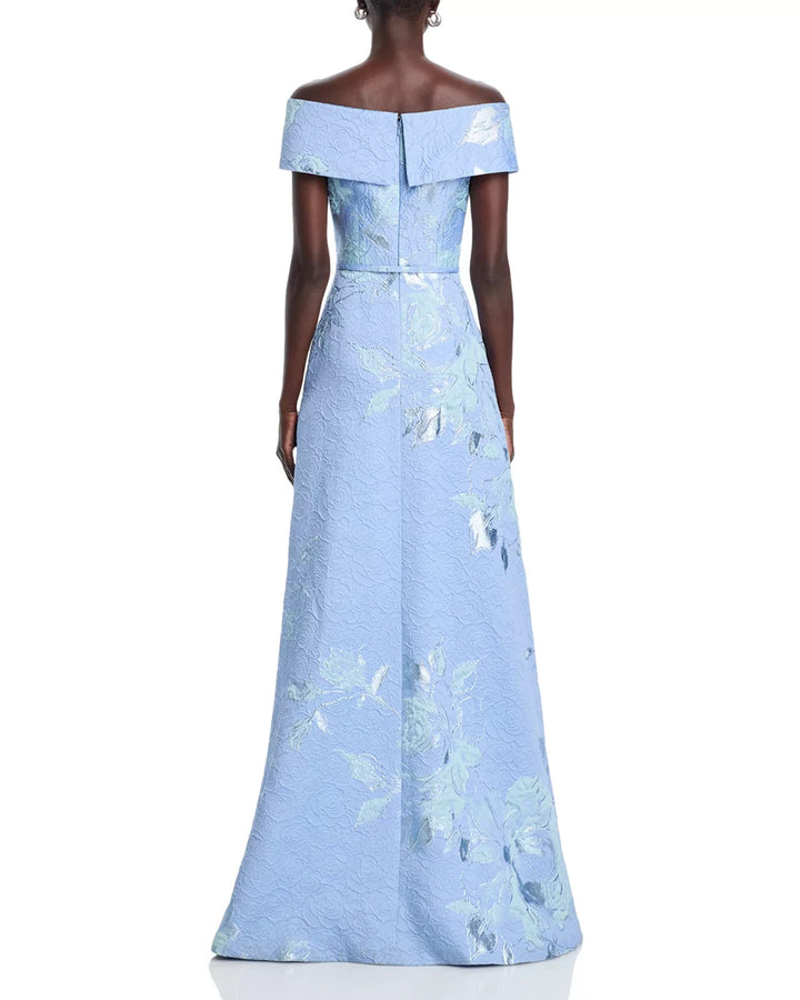 Teri Jon by Rickie Freeman Off-the-Shoulder Metallic Jacquard Gown MSRP $880