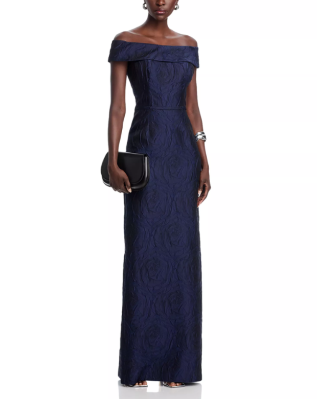 Teri Jon by Rickie Freeman Jacquard Off-the-Shoulder Gown MSRP $500