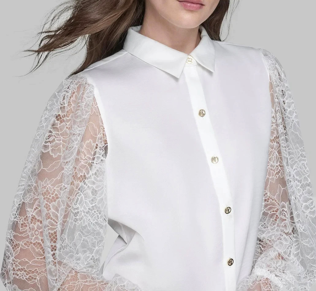 KARL LAGERFELD PARIS Lace Sleeve Button Up Blouse MSRP $109