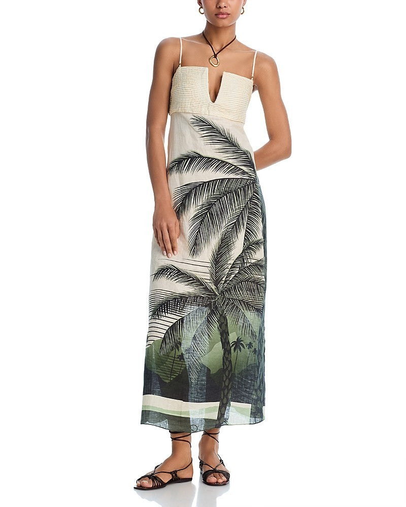 Juan De Dios Linen Palm MIDI Dress MSRP $625
