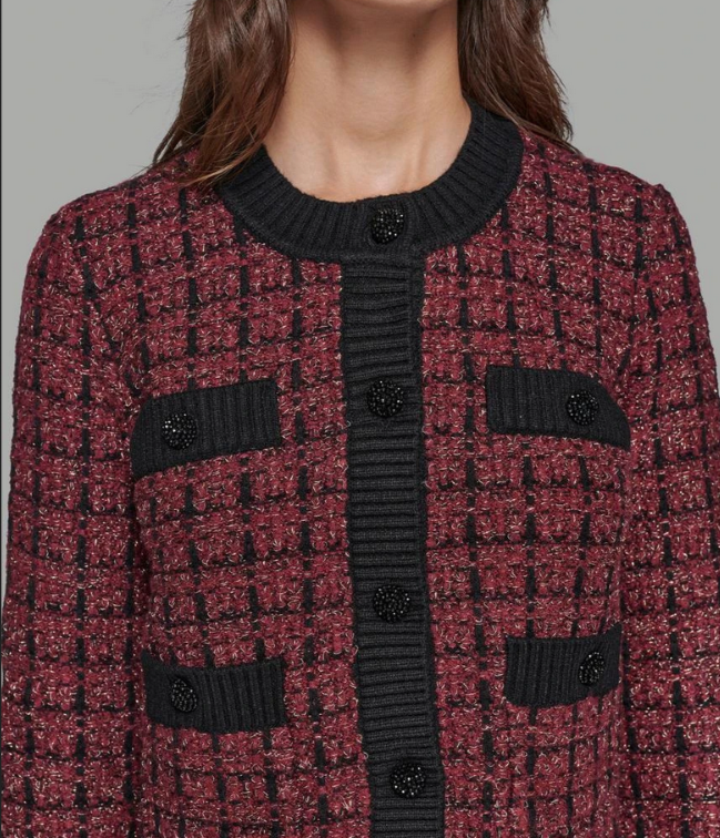 KARL LAGERFELD PARIS Button Front Shine Tweed Cardigan