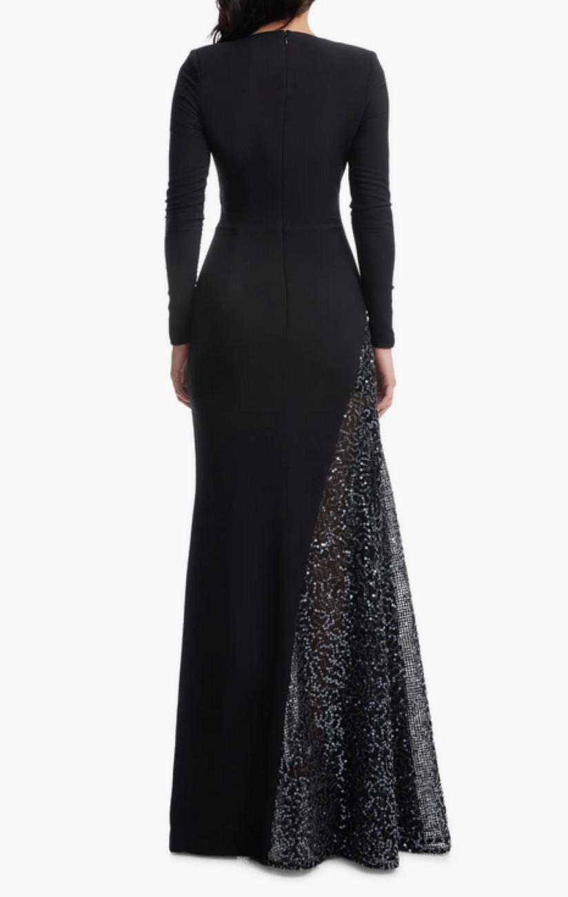 Dress the Population Winnie Sequin Panel Long Sleeve Gown MSRP $428