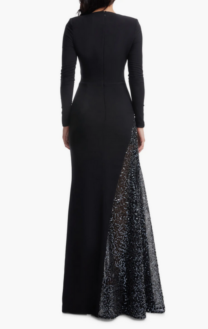 Dress the Population Winnie Sequin Panel Long Sleeve Gown MSRP $428