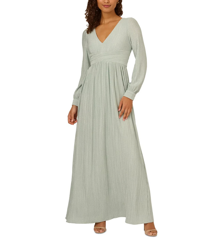 Adrianna Papell Women's V-Neck Pleated Metallic Gown MSRP $249
