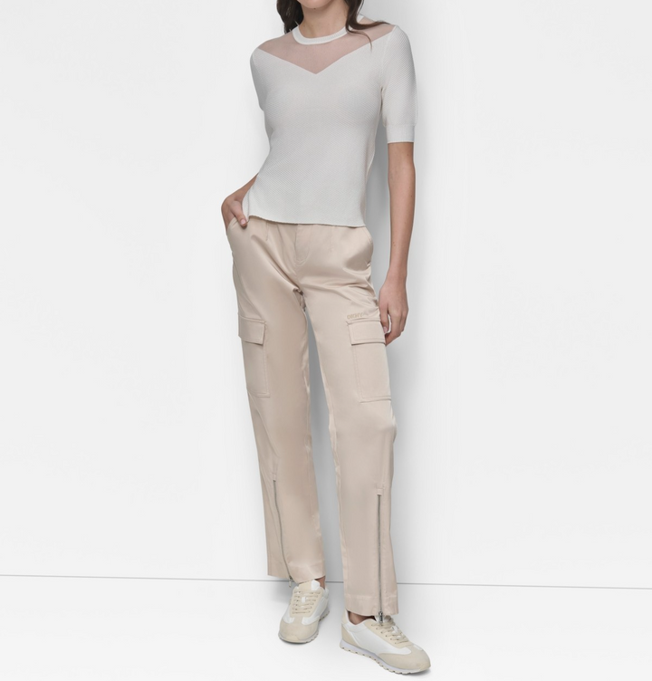 DKNY Sheer-Yoke Short-Sleeve Crewneck Top MSRP $89