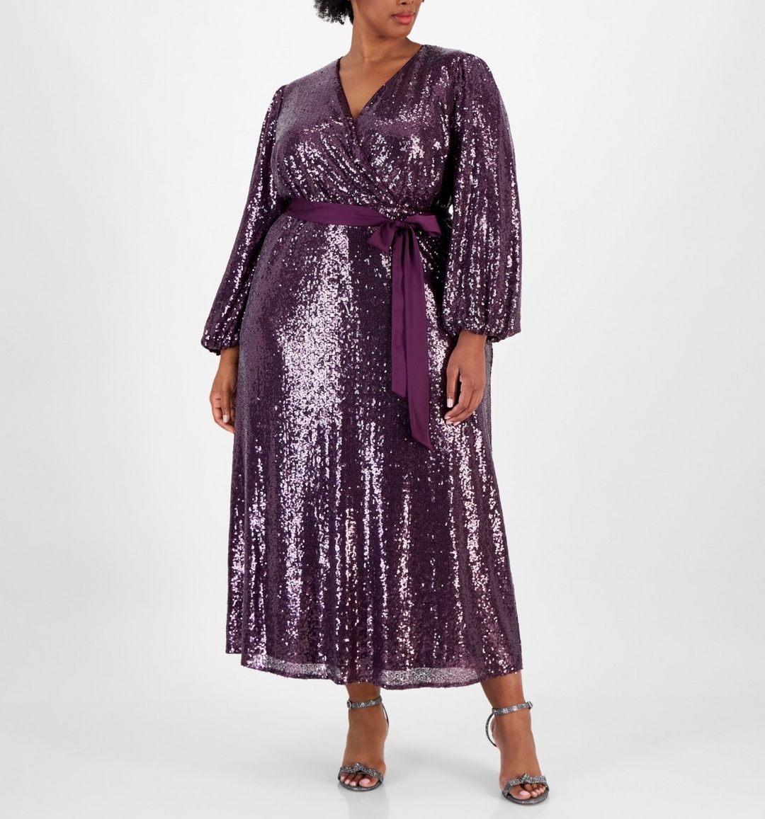 Signature by Robbie Bee Plus Size Satin-Belt Sequinned Maxi Dress MSRP $99