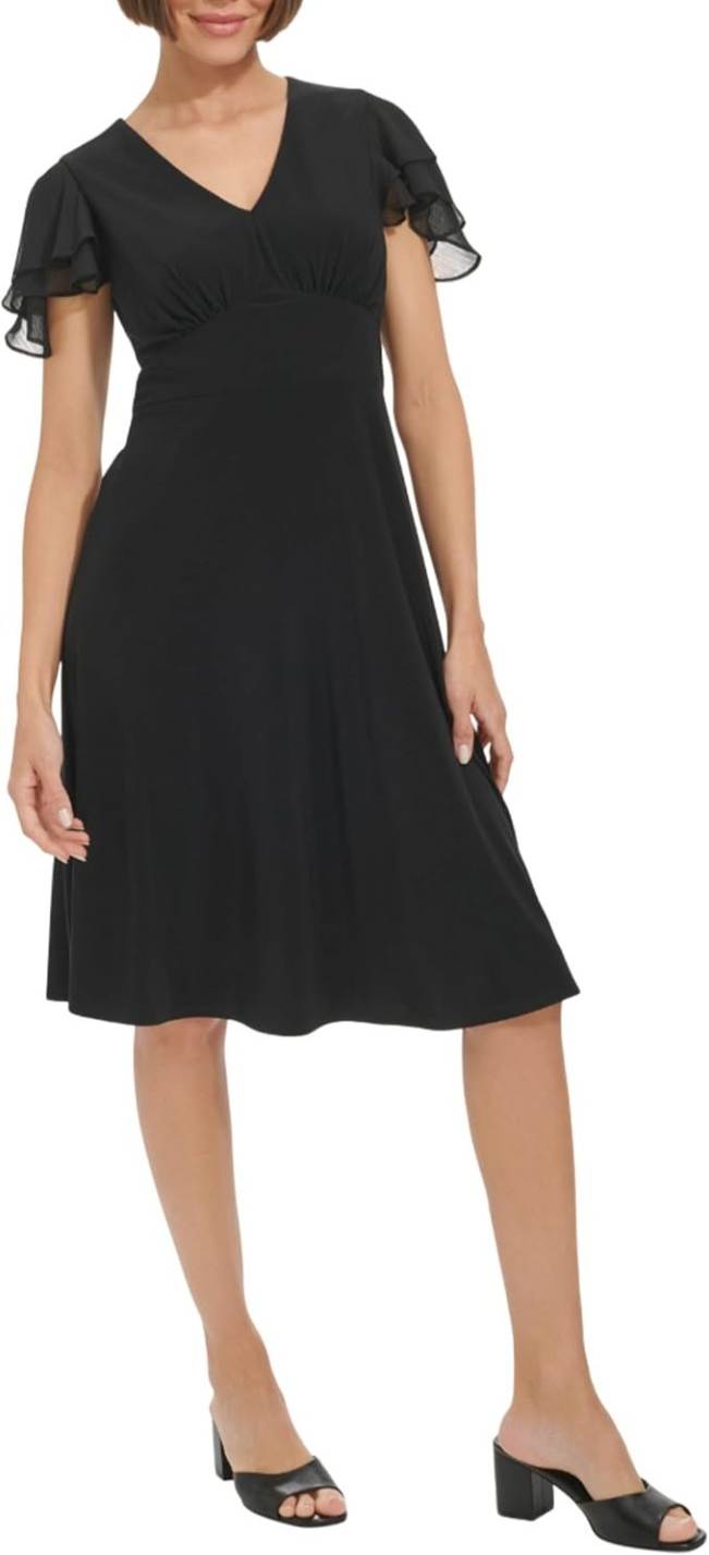 Tommy Hilfiger Petites Chiffon Flutter Sleeve V-Neck Knee Length Dress MSRP $99