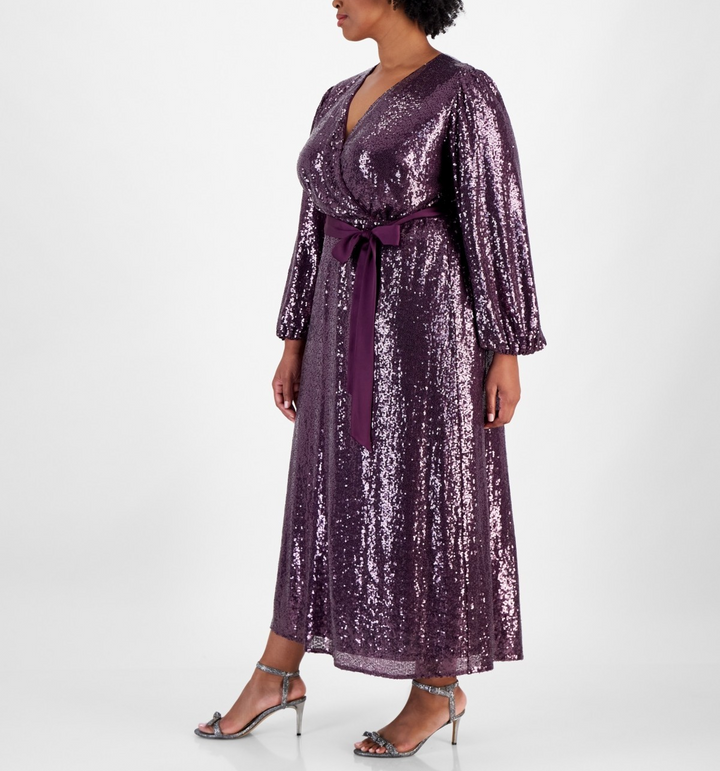 Signature by Robbie Bee Plus Size Satin-Belt Sequinned Maxi Dress MSRP $99