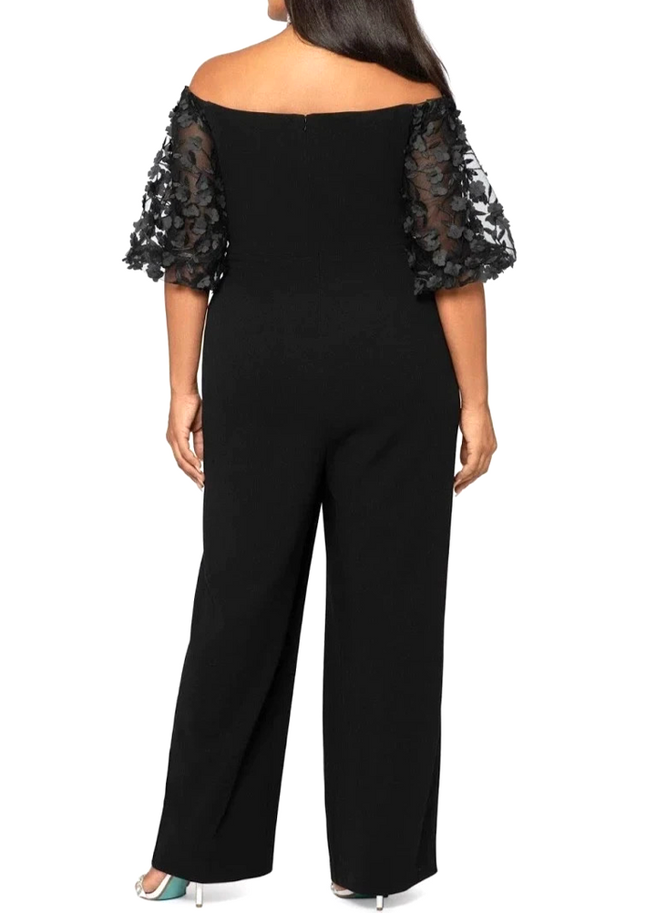 XSCAPE Plus Size Off-The-Shoulder Ruched Side Floral Jumpsuit MSRP $219