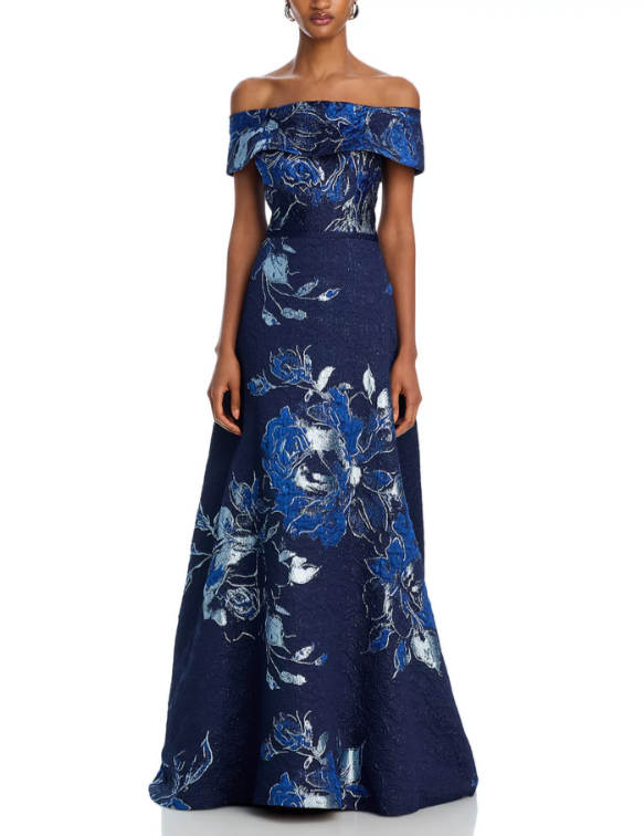 Teri Jon by Rickie Freeman Off-the-Shoulder Metallic Floral Jacquard Gown $880
