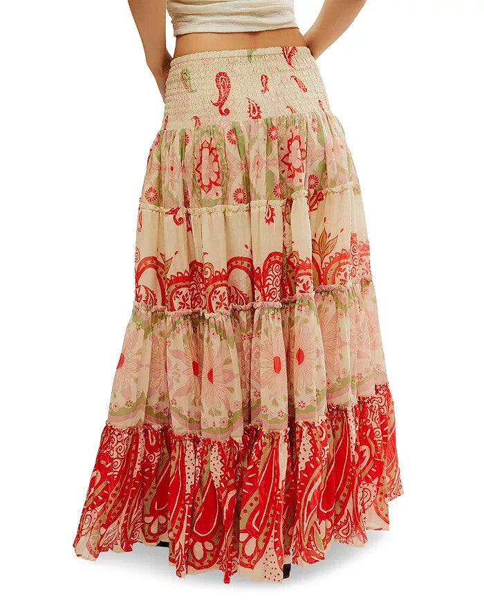 Free People Super Thrills Printed Tiered Maxi Skirt Size S